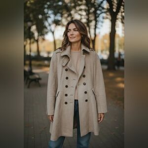 GUESS Wool Blend Military Coat Womens Medium Beige Double‎ Breasted Peacoat